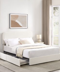 Queen Size Ivory Boucle Upholstered Platform Bed