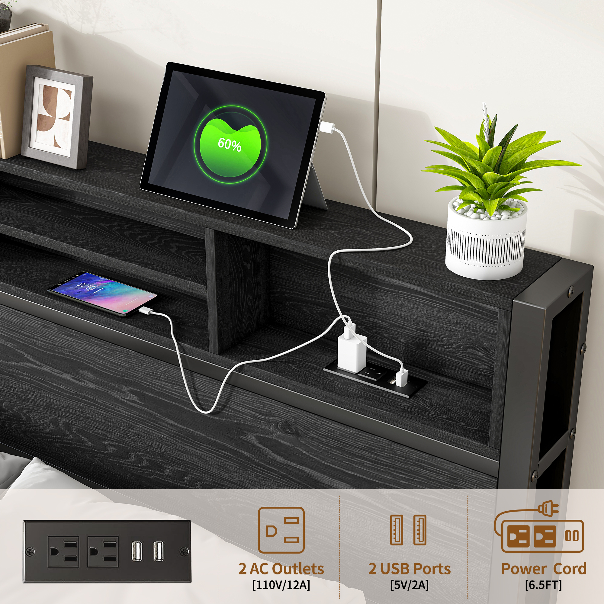 Full Size Bed Frame with Storage Headboard