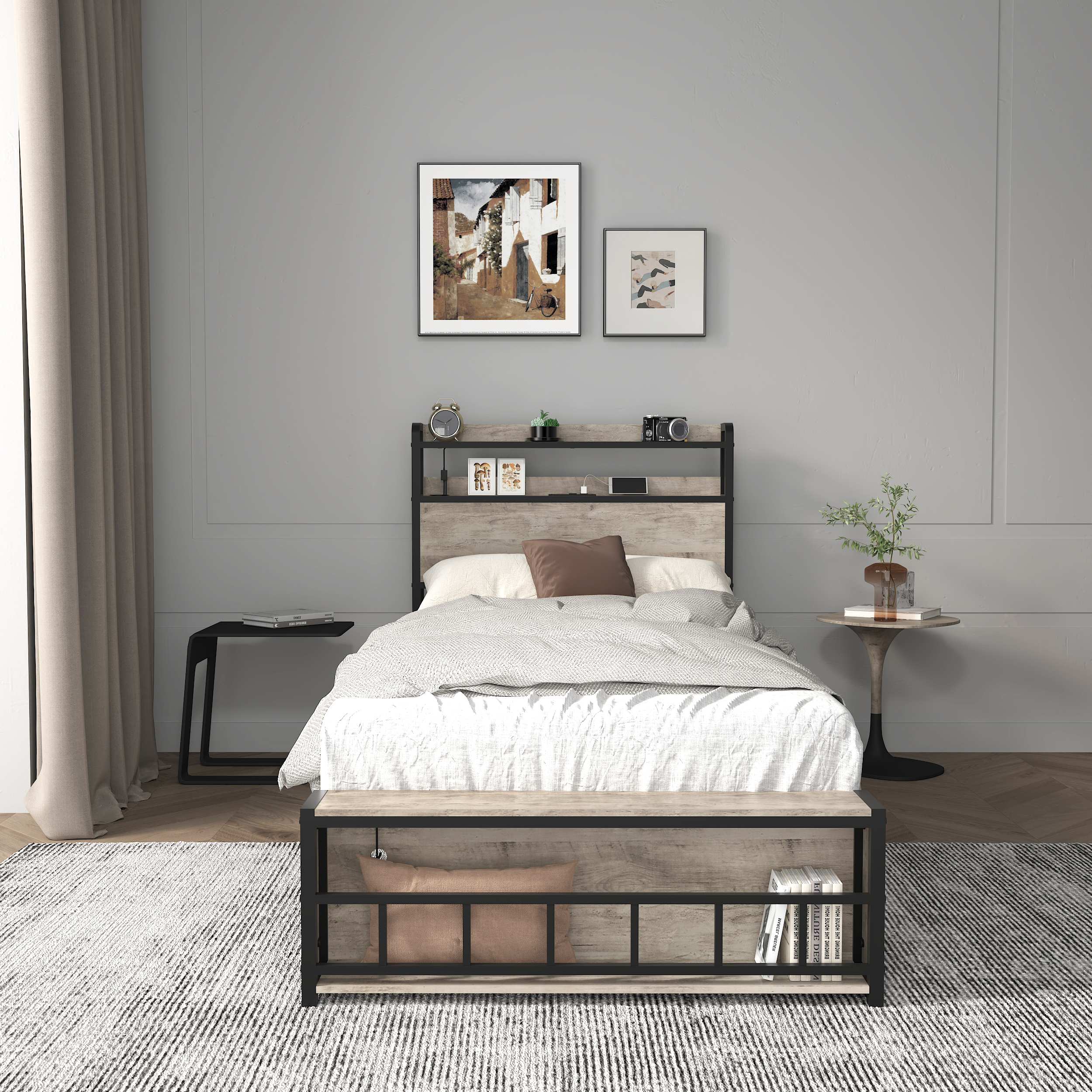 Twin Bed Frames with Charging Station and LED Light