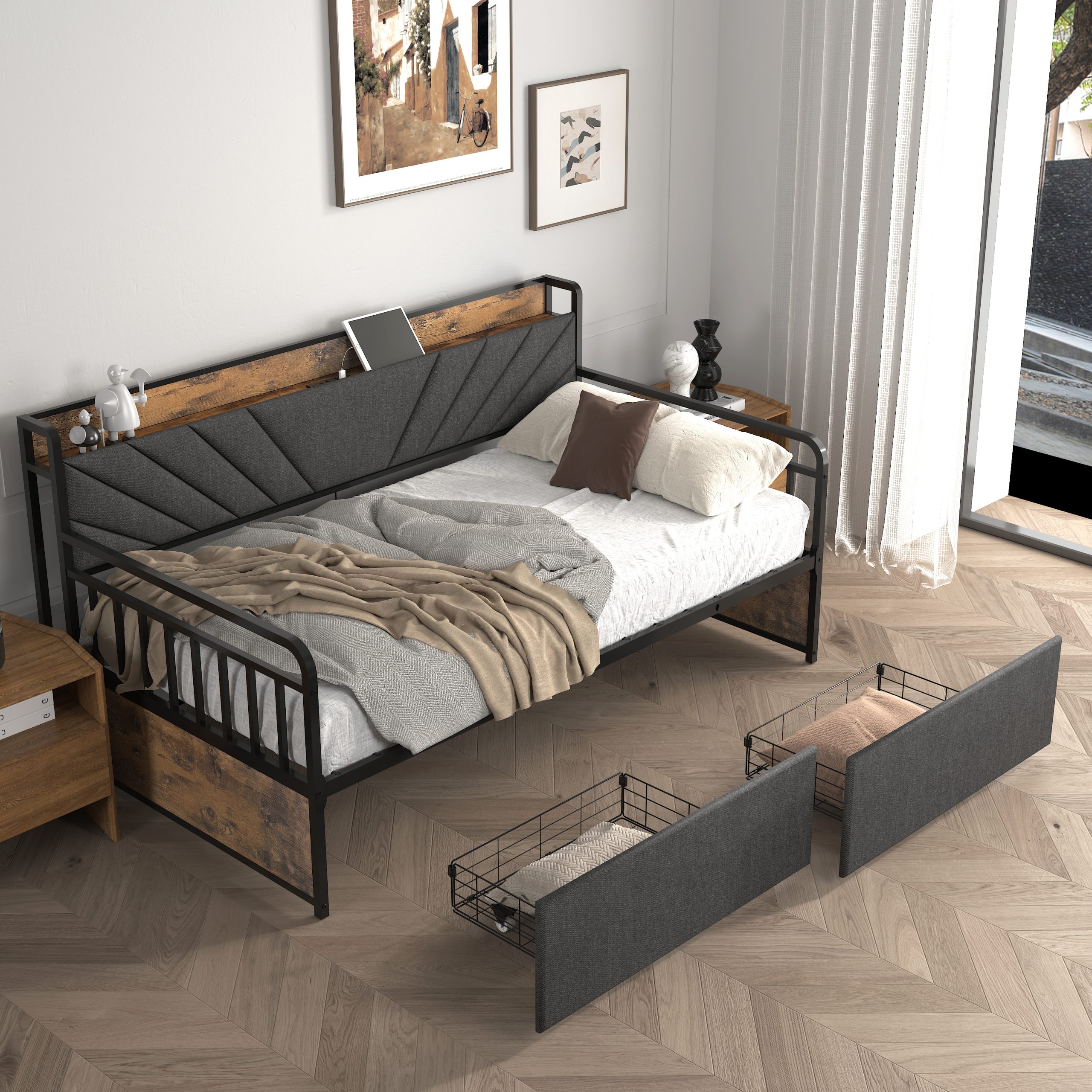 Sturdy Metal Twin Daybed With Drawers