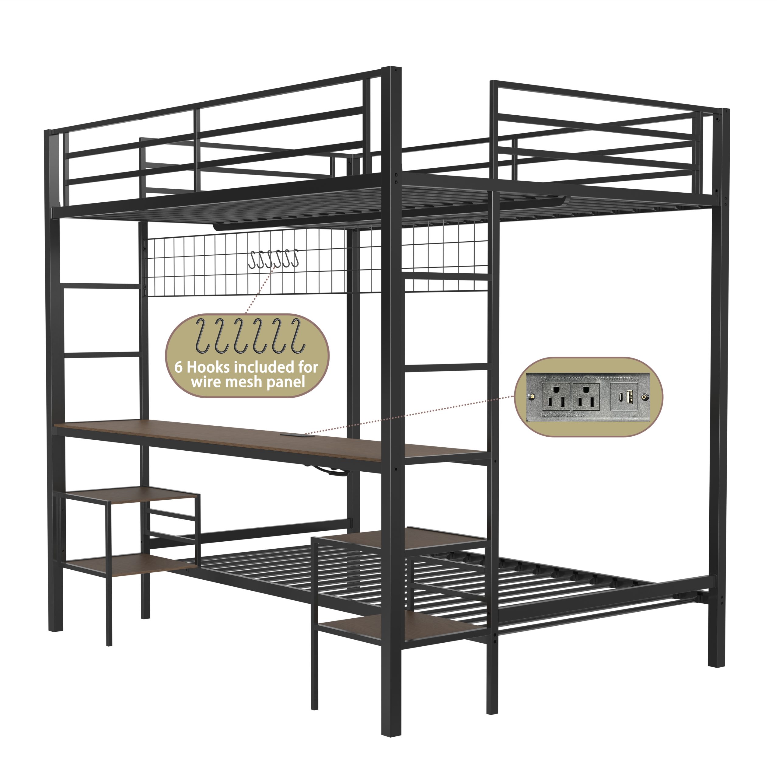 Ethan Full Over Twin Bunk Bed with Desk, Charging Station and Storage Shelves