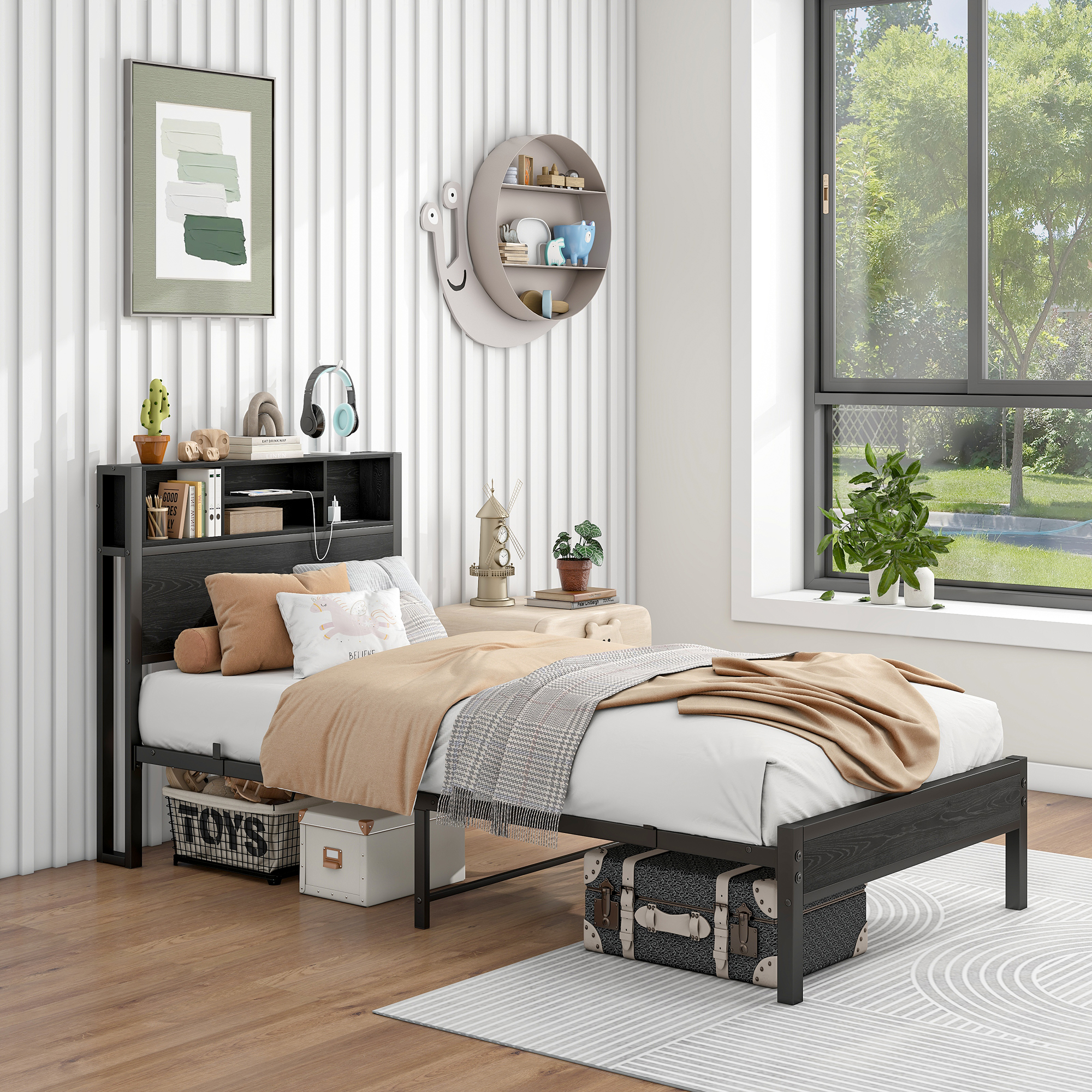 Twin Size Bed Frame With Storage Headboard