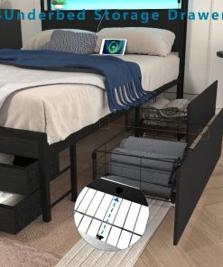 Full Size Bed Frame with 8 Storage Drawers, LED Headboard