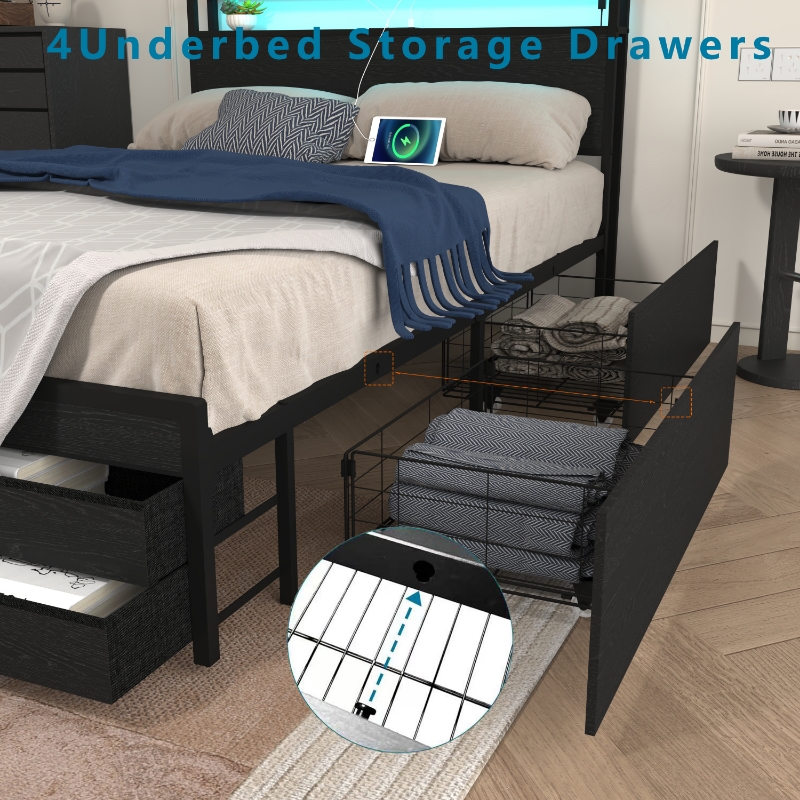 Full Size Bed Frame with 8 Storage Drawers, LED Headboard