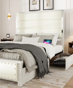 Queen Size Bed Frame with Upholstered Headboard and 4 Storage Drawers