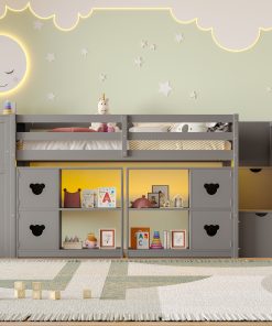 Twin Size Low Loft Bed With Shelves, Storage Headboard, and Stair