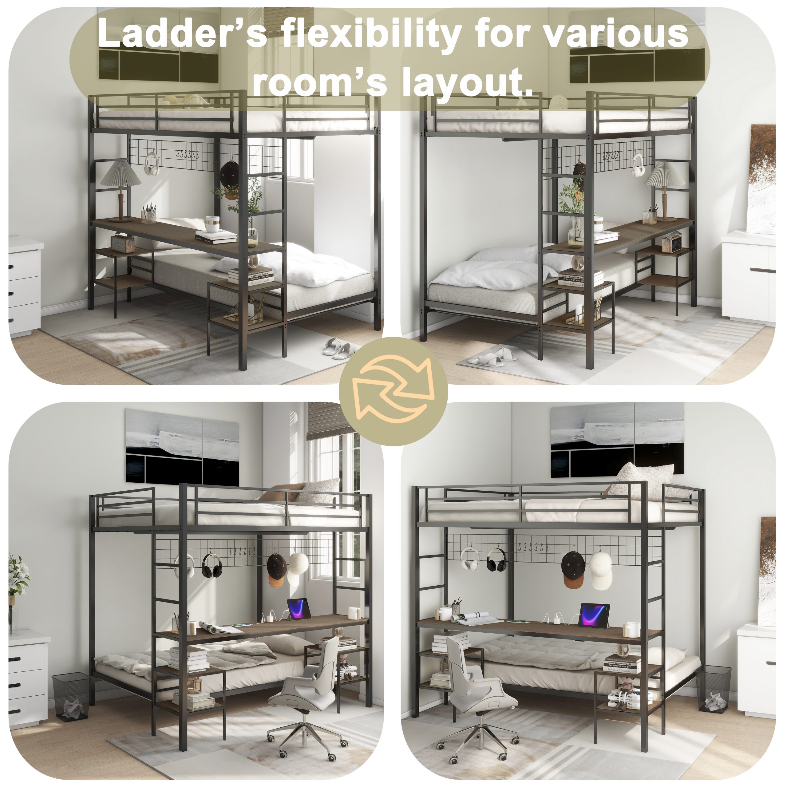 Ethan Full Over Twin Bunk Bed with Desk, Charging Station and Storage Shelves