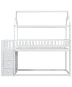 Twin over Twin House Bunk Bed With Shelves and Drawers