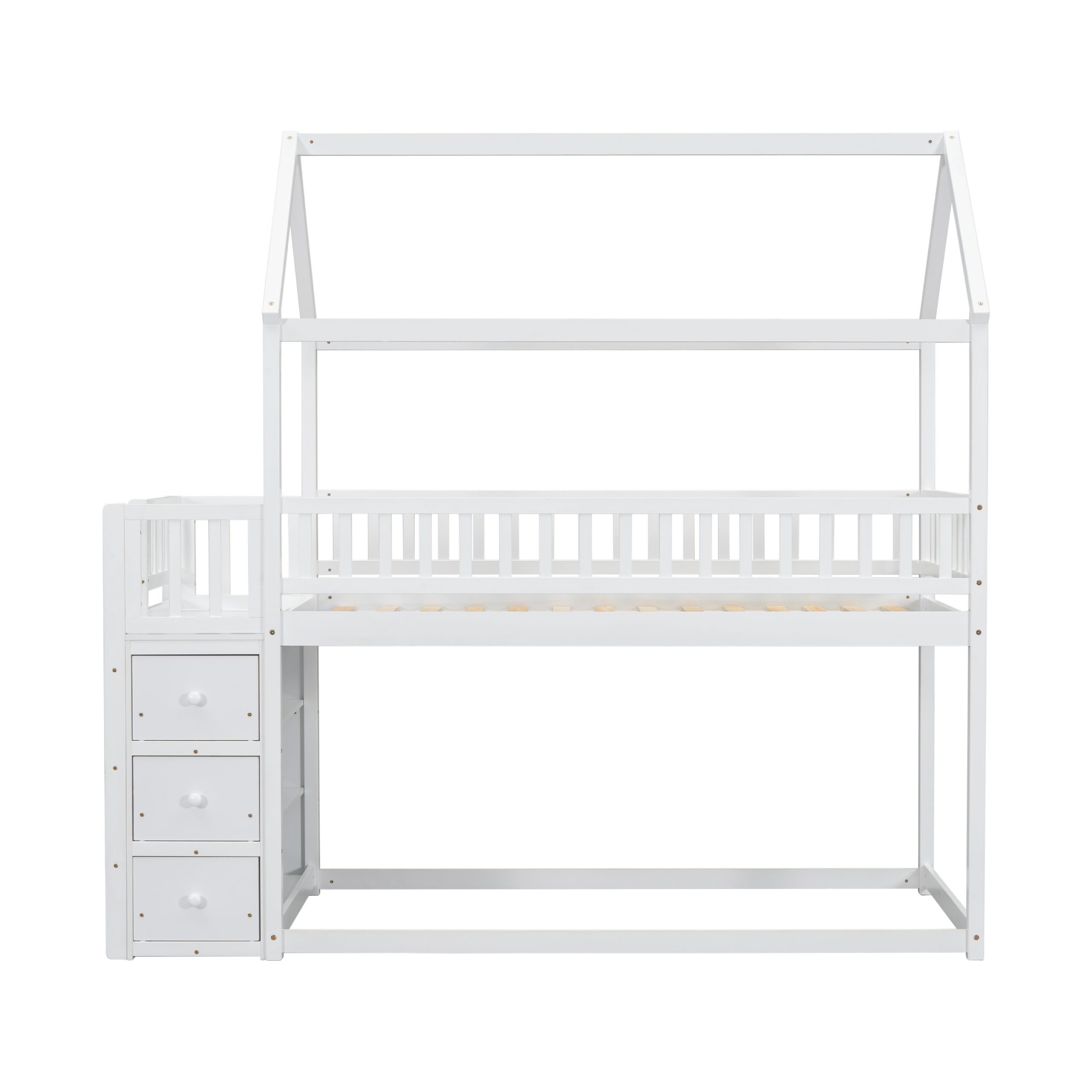 Twin over Twin House Bunk Bed With Shelves and Drawers