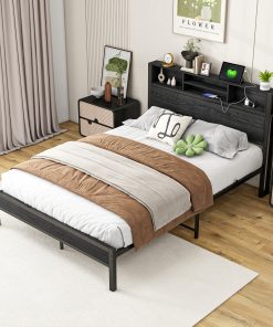 Full Size Bed Frame with Storage Headboard
