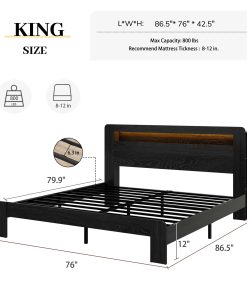 King Size Wood Platform Bed Frame With Storage LED Light Headboard