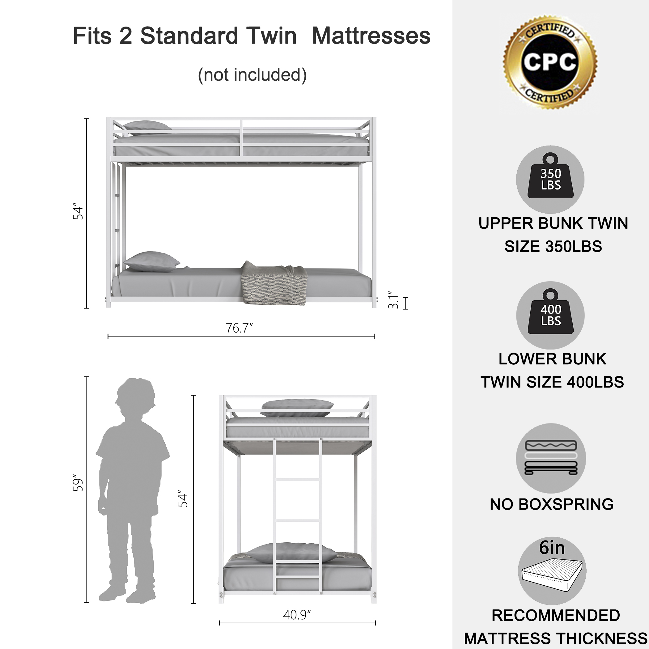 White Twin Over Twin Bunk Bed For Kids And Adult
