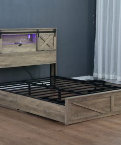 King Size Farmhouse Bed With LED Lights And Charging Station
