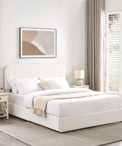 Queen Size Ivory Boucle Upholstered Platform Bed