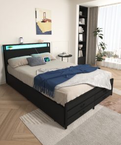 Full Size Bed Frame with 8 Storage Drawers, LED Headboard