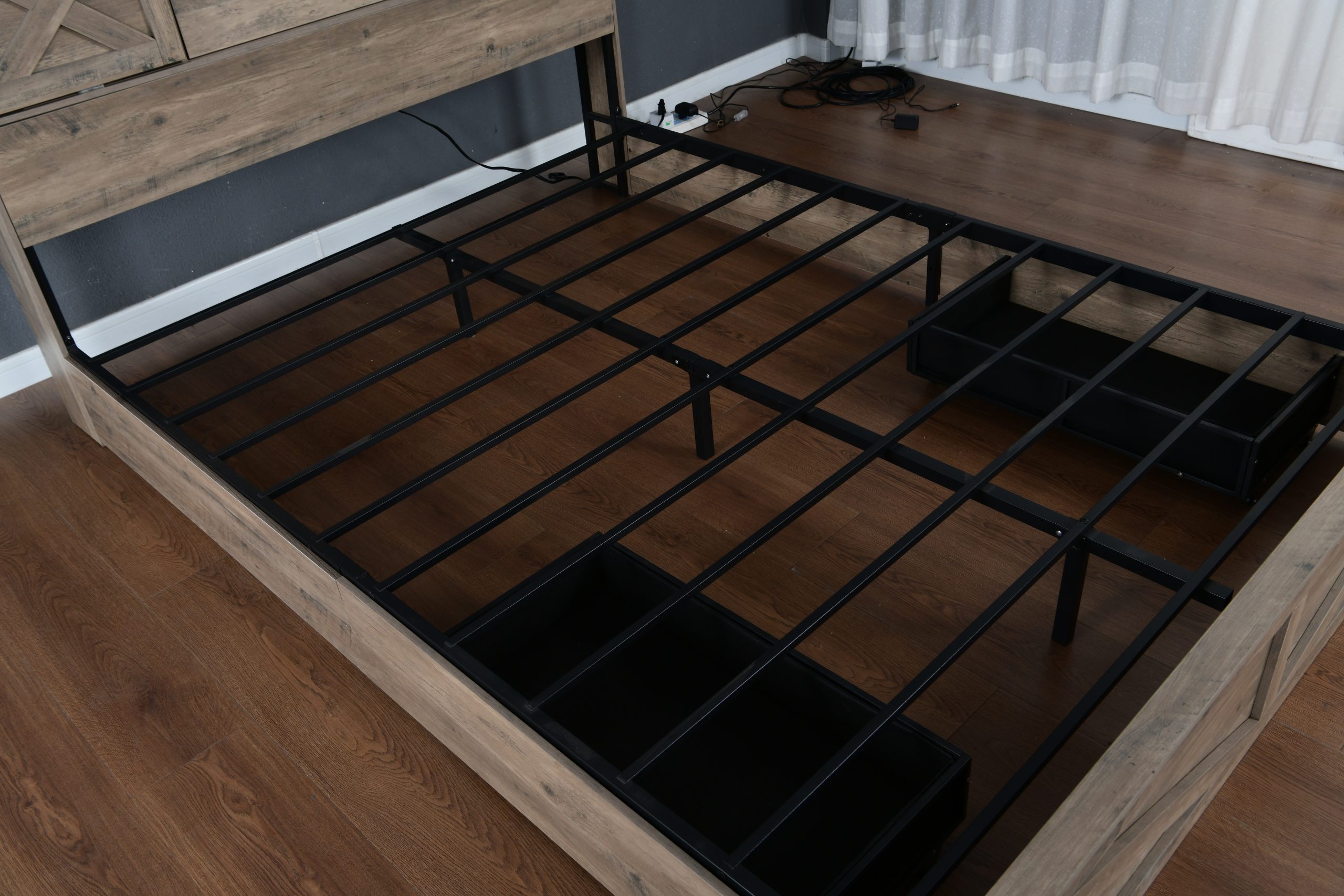 King Size Farmhouse Bed With LED Lights And Charging Station