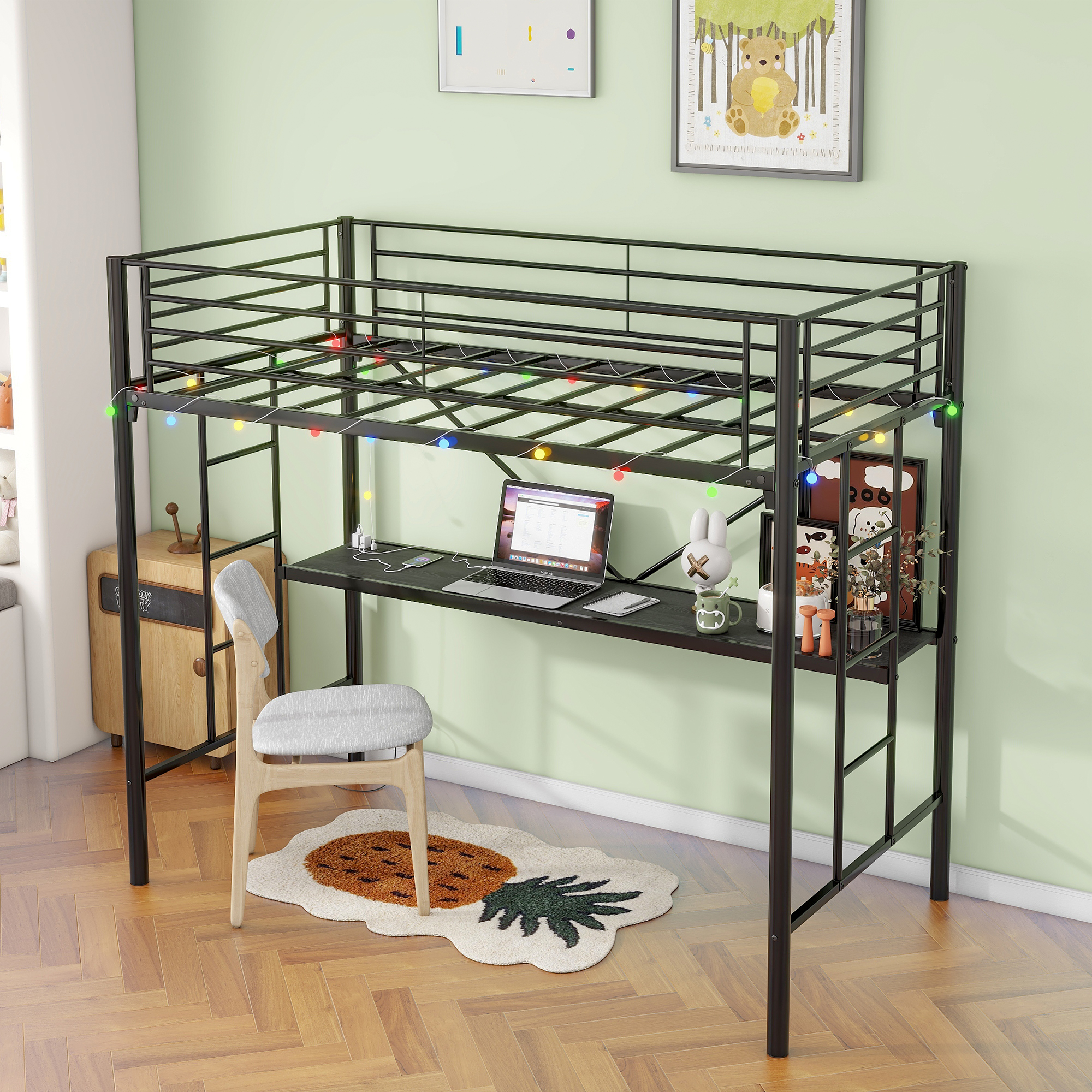 Twin Metal Loft Bed with Desk