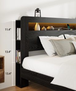 King Size Wood Platform Bed Frame With Storage LED Light Headboard