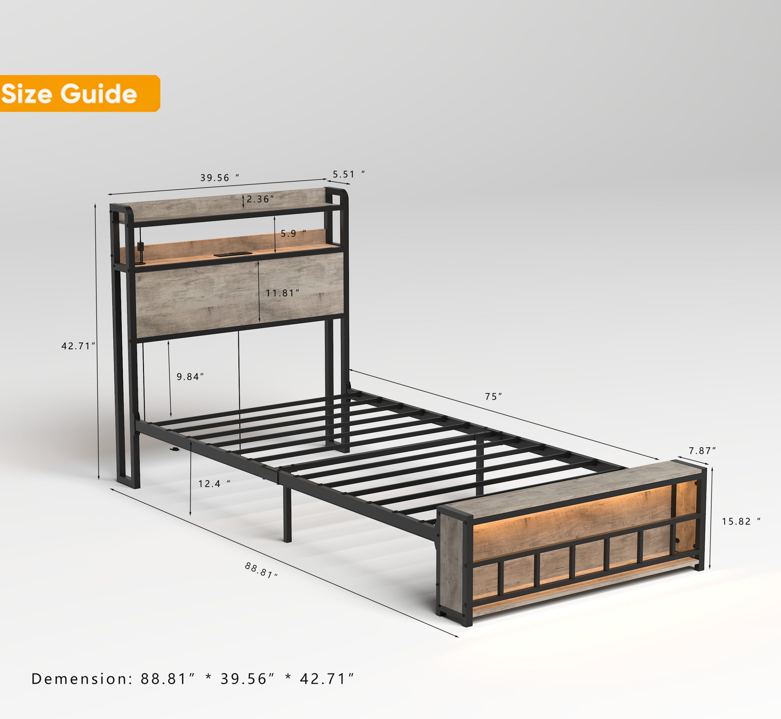 Twin Bed Frames with Charging Station and LED Light