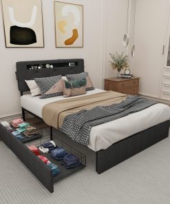 Queen Bed Frame with USB Charging Station & LED Lights