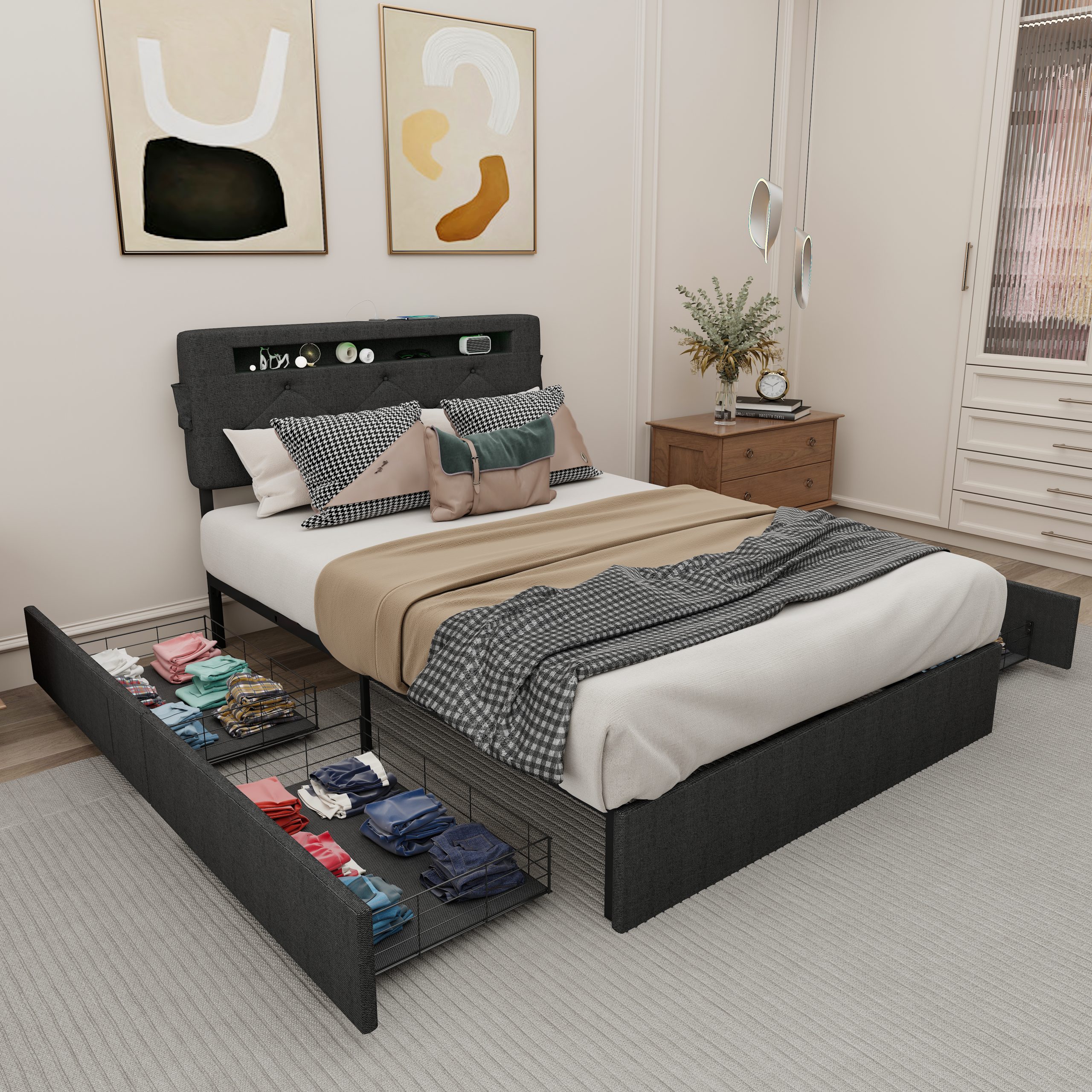 Queen Bed Frame with USB Charging Station & LED Lights