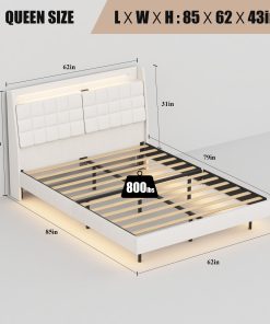 Queen Floating Bed Frame with LED Light and Charging Station