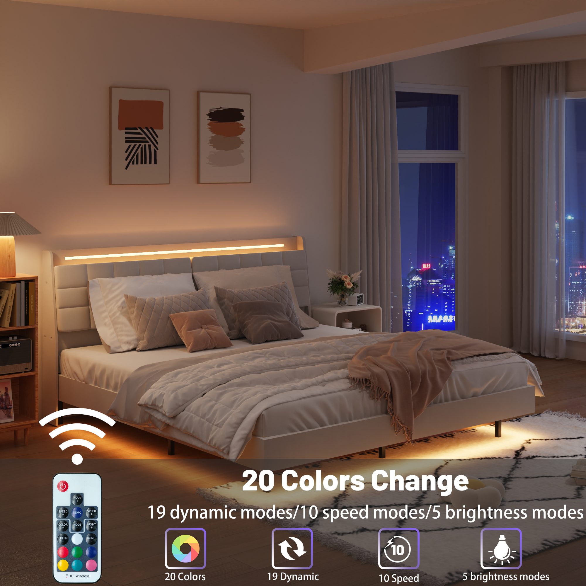 King Floating Bed Frame with LED Light and Charging Station