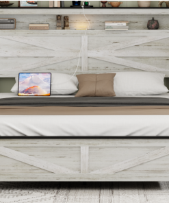 Queen Size Bed Frame Headboard With LED Lights And Charging Station