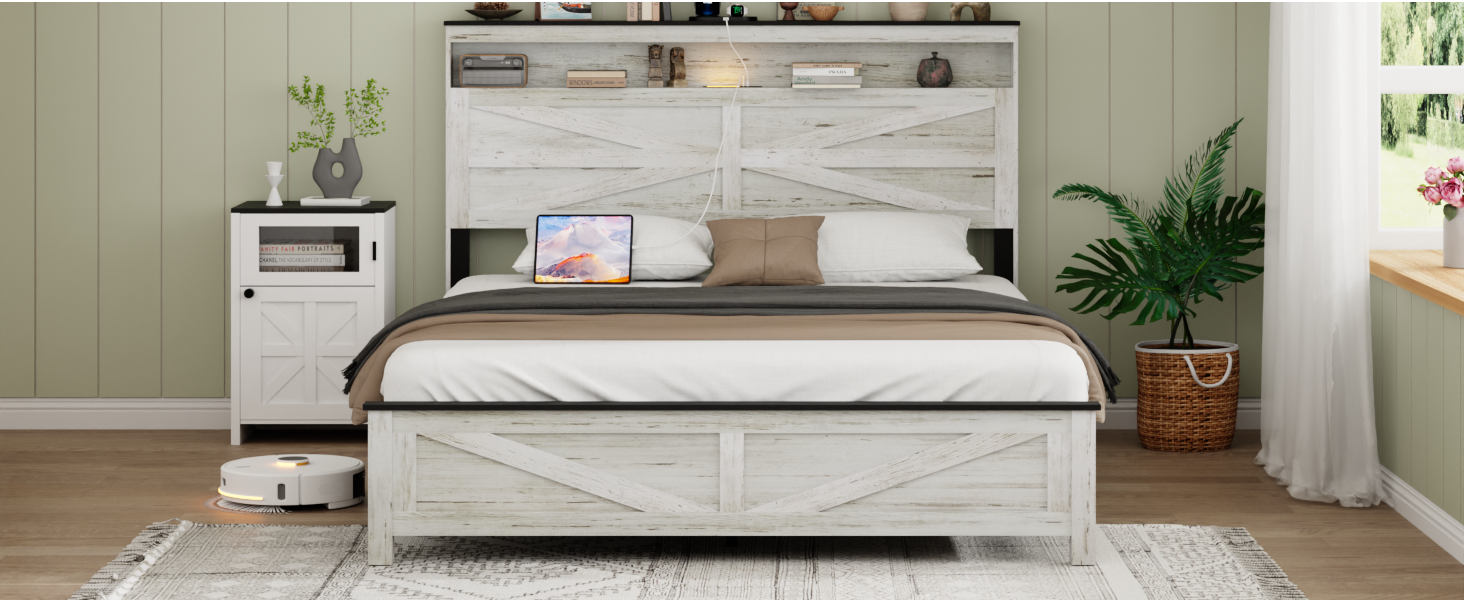 Queen Size Bed Frame Headboard With LED Lights And Charging Station