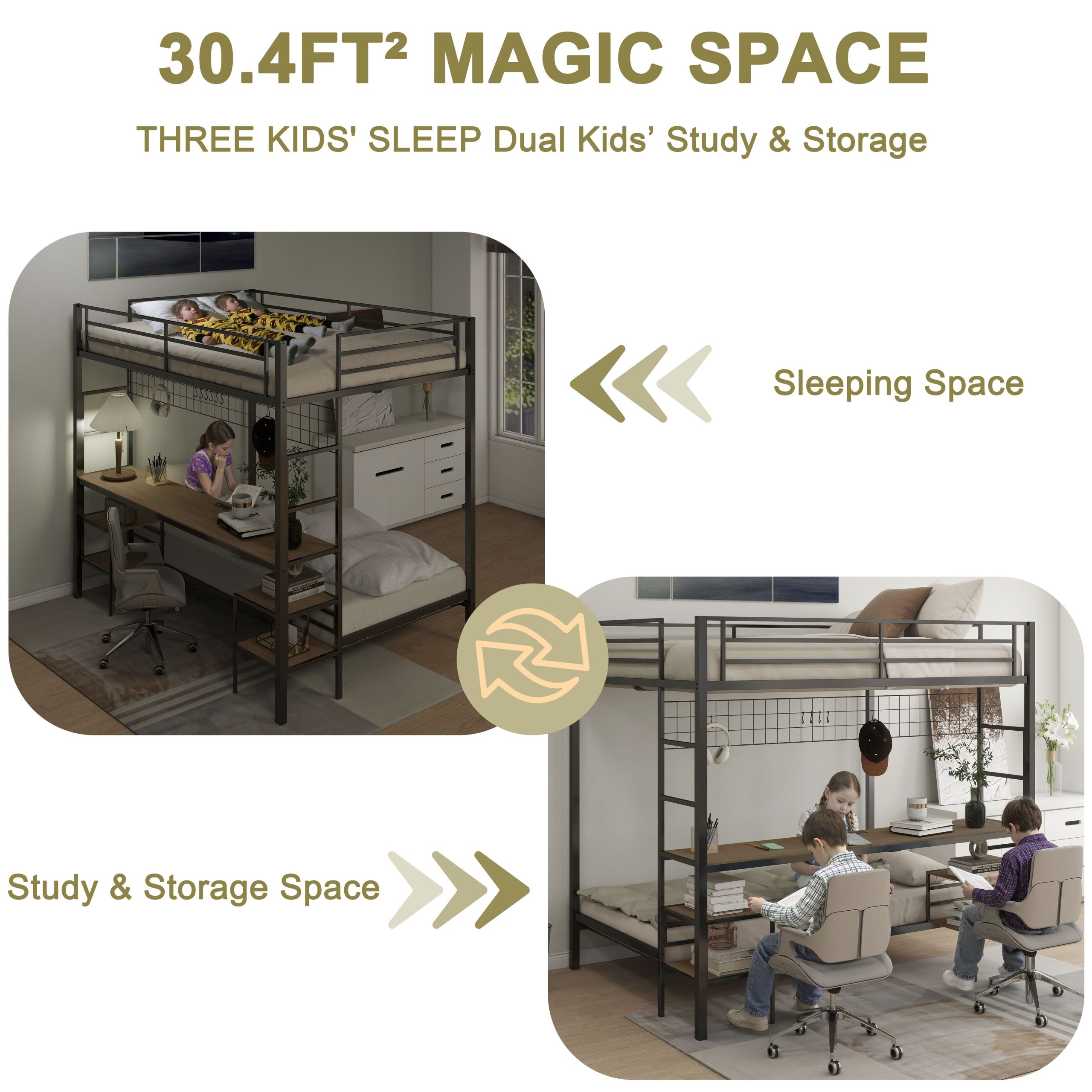 Ethan Full Over Twin Bunk Bed with Desk, Charging Station and Storage Shelves