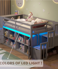 Twin Size Low Loft Bed With Shelves, Storage Headboard, and Stair