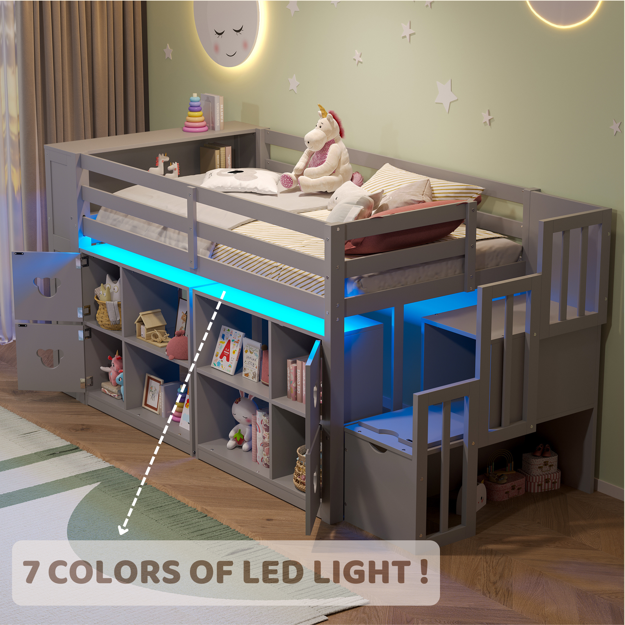 Twin Size Low Loft Bed With Shelves, Storage Headboard, and Stair