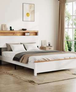 Full Wooden Bed Stand With Charging Station Storage Headboard