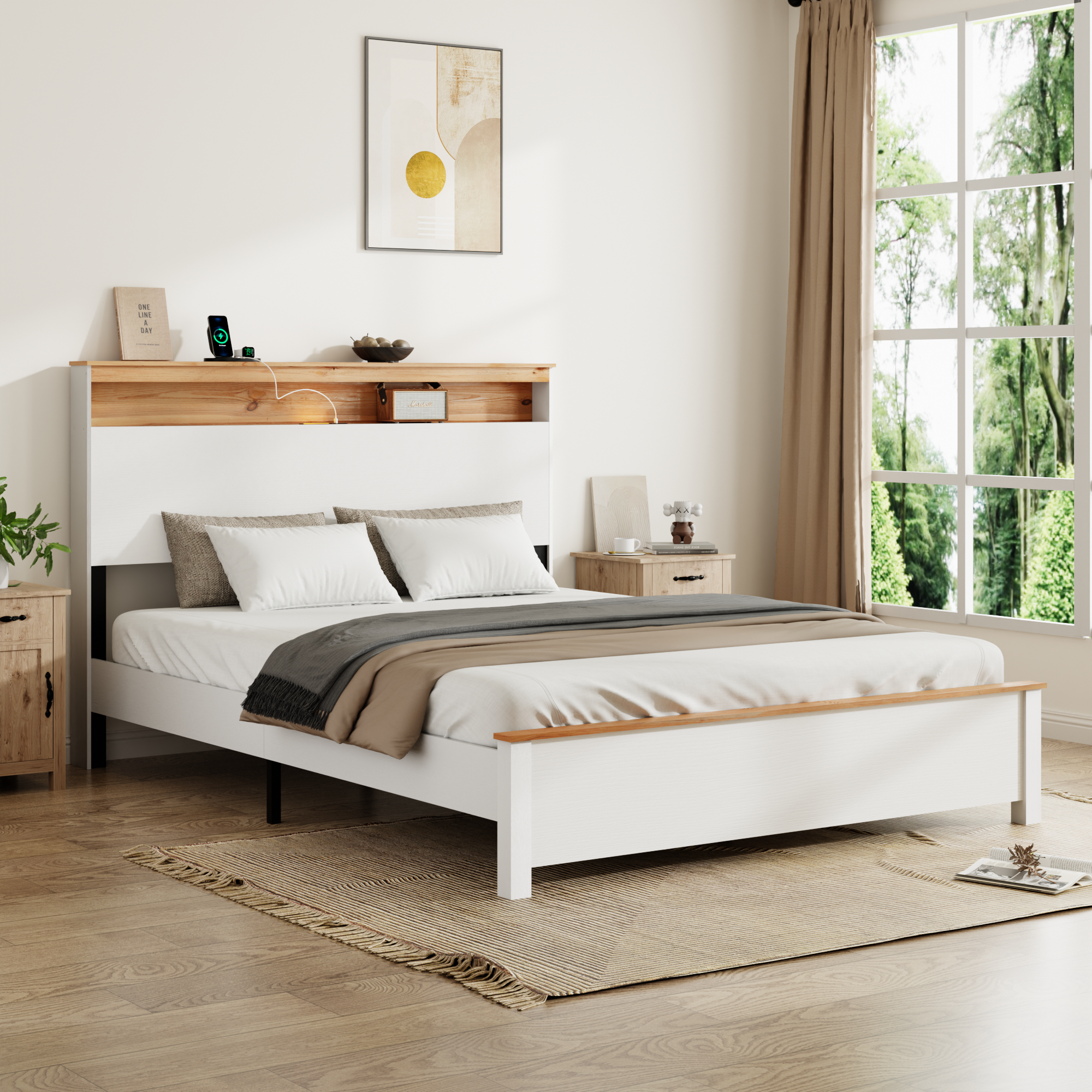 Full Wooden Bed Stand With Charging Station Storage Headboard
