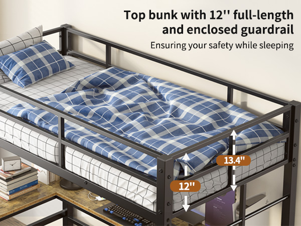 Twin Metal Loft Bed with L-Shaped Desk