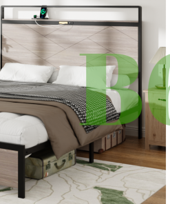 Wooden Platform Bed Frame With Storage LED Light Headboard