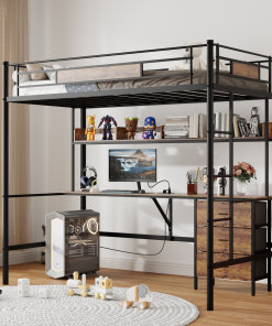 Twin Size Loft Bed With L-shaped Desk, Charging Station