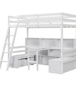 Twin Loft Bed With Storage Shelves, Drawers, Seat and Desk