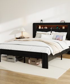 King Size Wood Platform Bed Frame With Storage LED Light Headboard