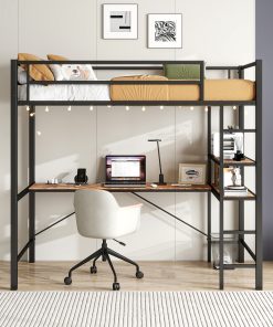 Twin Size Loft Bed with L Shaped Desk and Shelves