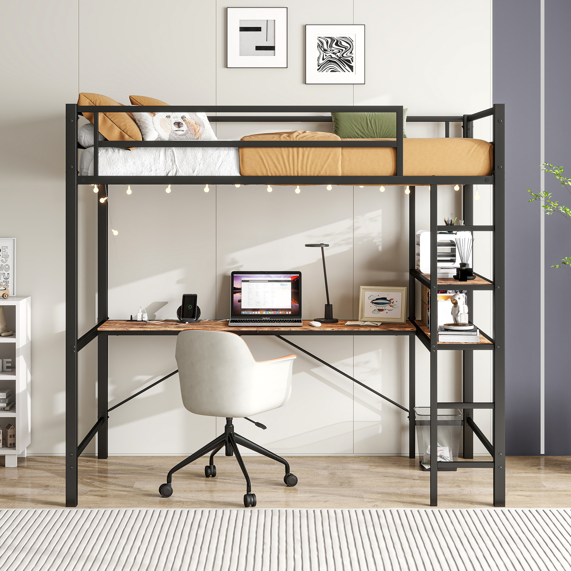Twin Size Loft Bed with L Shaped Desk and Shelves