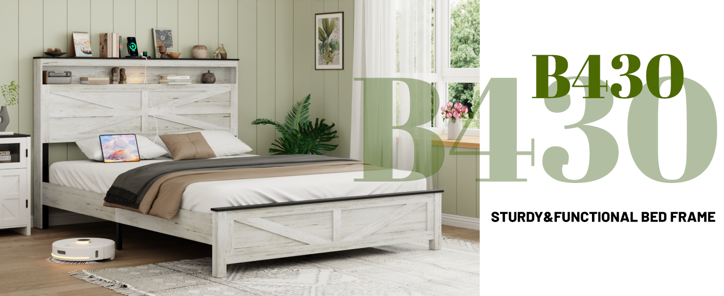 Queen Size Bed Frame Headboard With LED Lights And Charging Station