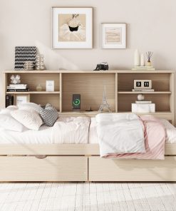 Twin Size Bed Frame With Side Bookshelves, Two Drawers, and Built-in USB Port