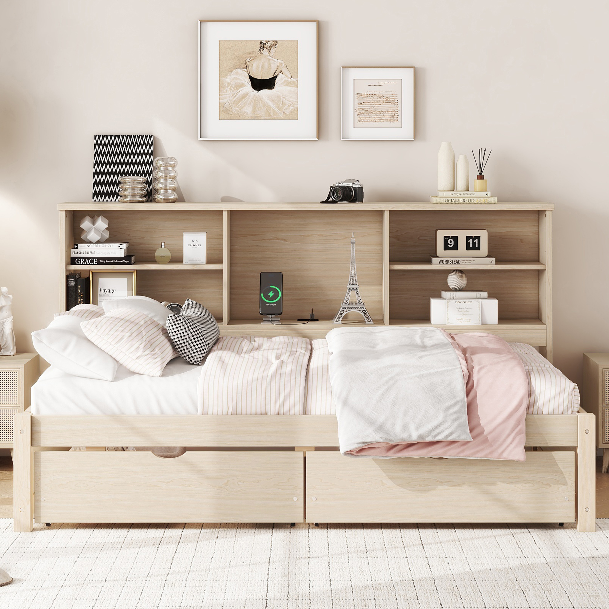 Twin Size Bed Frame With Side Bookshelves, Two Drawers, and Built-in USB Port