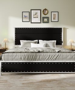 King Size Platform Bed with Upholstered Headboard