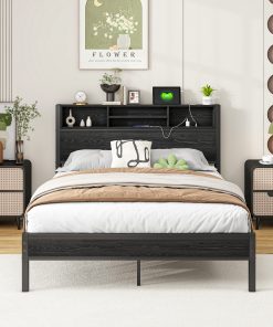 Full Size Bed Frame with Storage Headboard