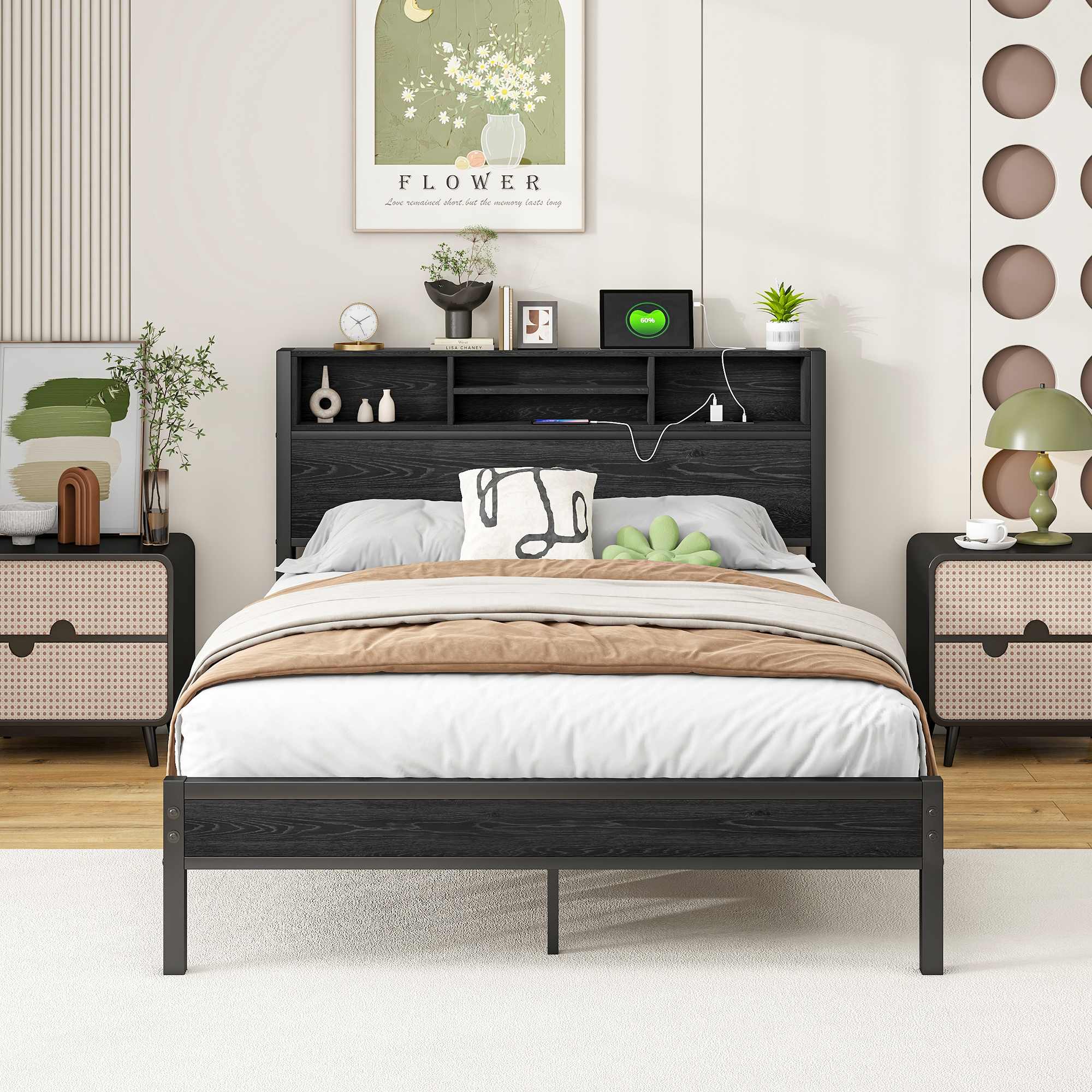Full Size Bed Frame with Storage Headboard