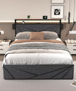 Full Bed Frame with Storage Headboard and Charging Station