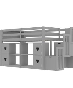 Twin Size Low Loft Bed With Shelves, Storage Headboard, and Stair