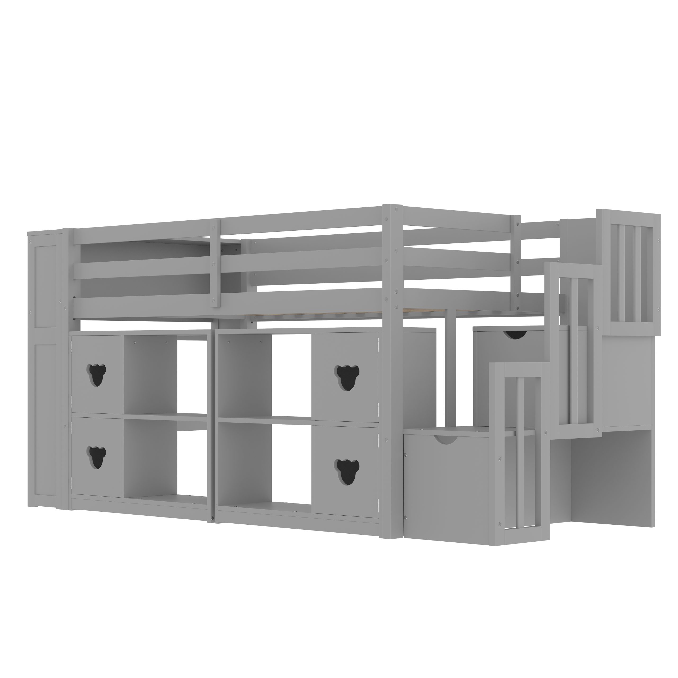 Twin Size Low Loft Bed With Shelves, Storage Headboard, and Stair